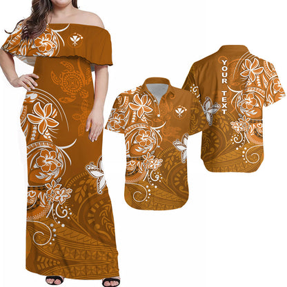 (Custom Personalised) Polynesian Couple Outfits Combo Polynesian Tribal Gold Sea Turtle Honu and Map Dress and Hawaiian Shirt
