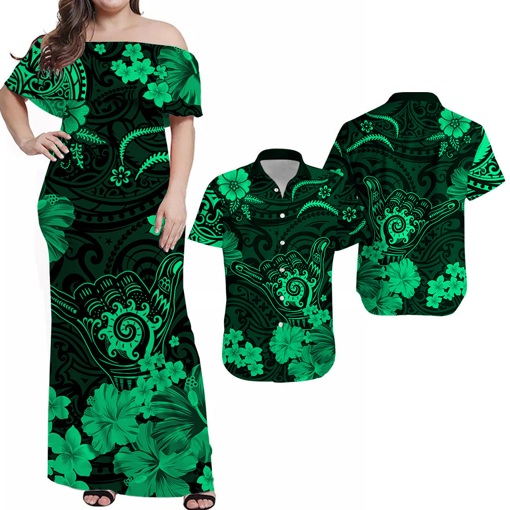 Polynesian Couple Outfits Hawaii Combo Dress and Hawaiian Shirt Polynesia Green Cool Shaka Sign