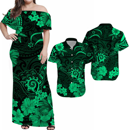 Polynesian Couple Outfits Hawaii Combo Dress and Hawaiian Shirt Polynesia Green Cool Shaka Sign