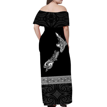 Custom Personalised New Zealand Off Shoulder Long Dress Maori Fern and Map Black