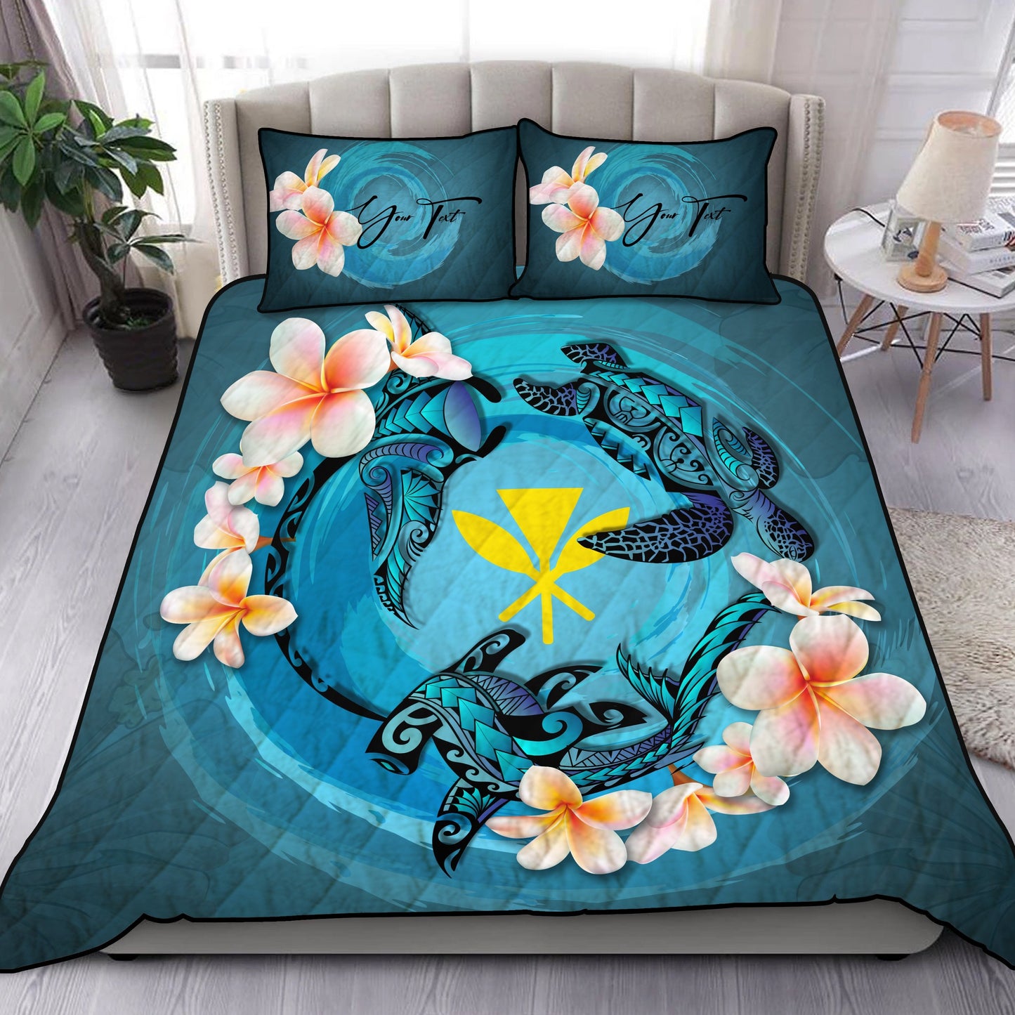 (Custom) Hawaii Quilt Bed Set Blue Plumeria Animal Tattoo Personal Signature