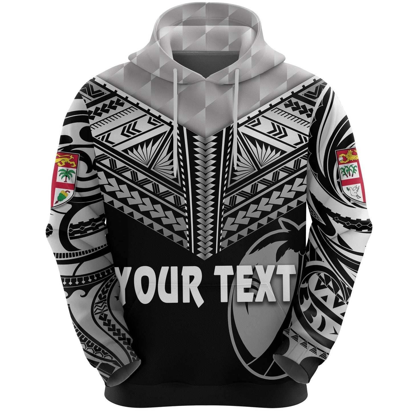 Custom Text Fiji Rugby Hoodie Coconut Sporty Vibes Full Black Polynesian Zip Up Hoodie