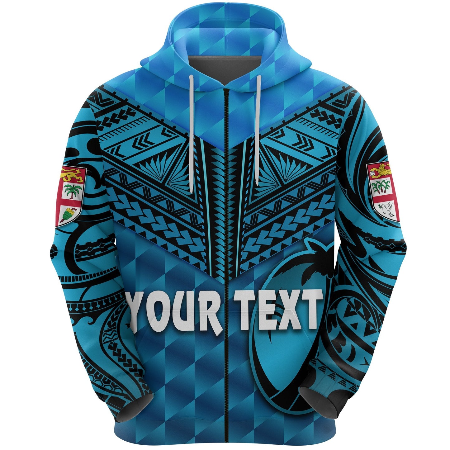 Custom Text  Fiji Rugby Zip Hoodie Coconut Sporty Vibes Blue Hoodie