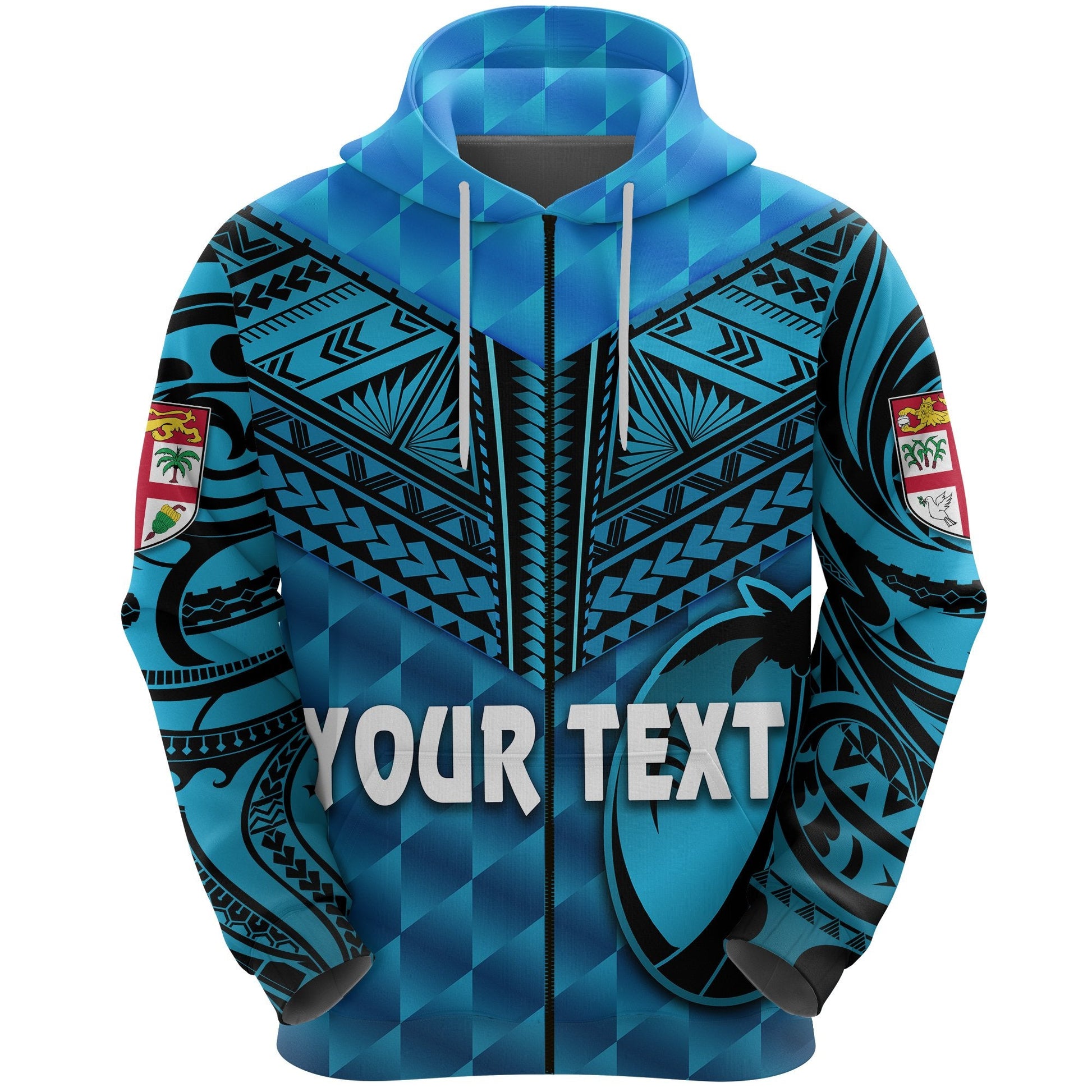Custom Text  Fiji Rugby Zip Hoodie Coconut Sporty Vibes Blue Hoodie