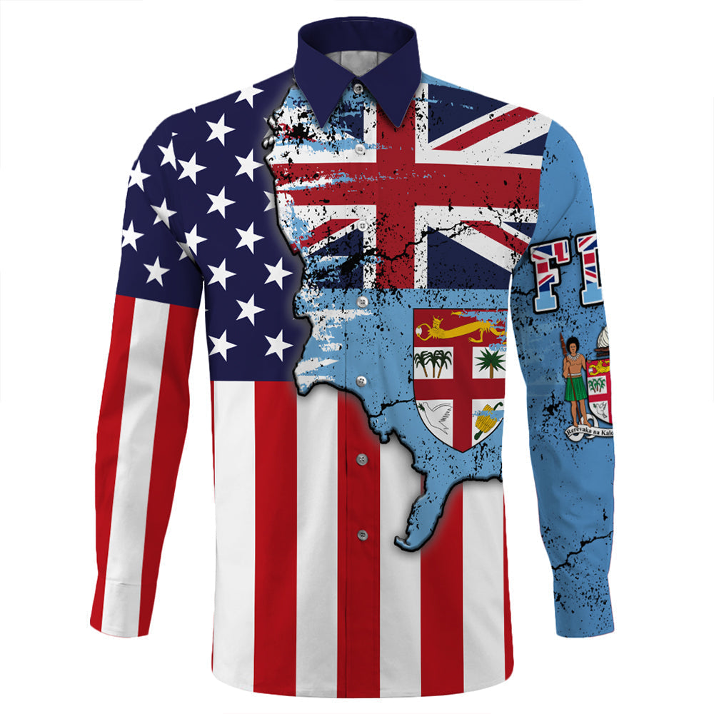 Fiji With America Flag Long Sleeve Button Shirt