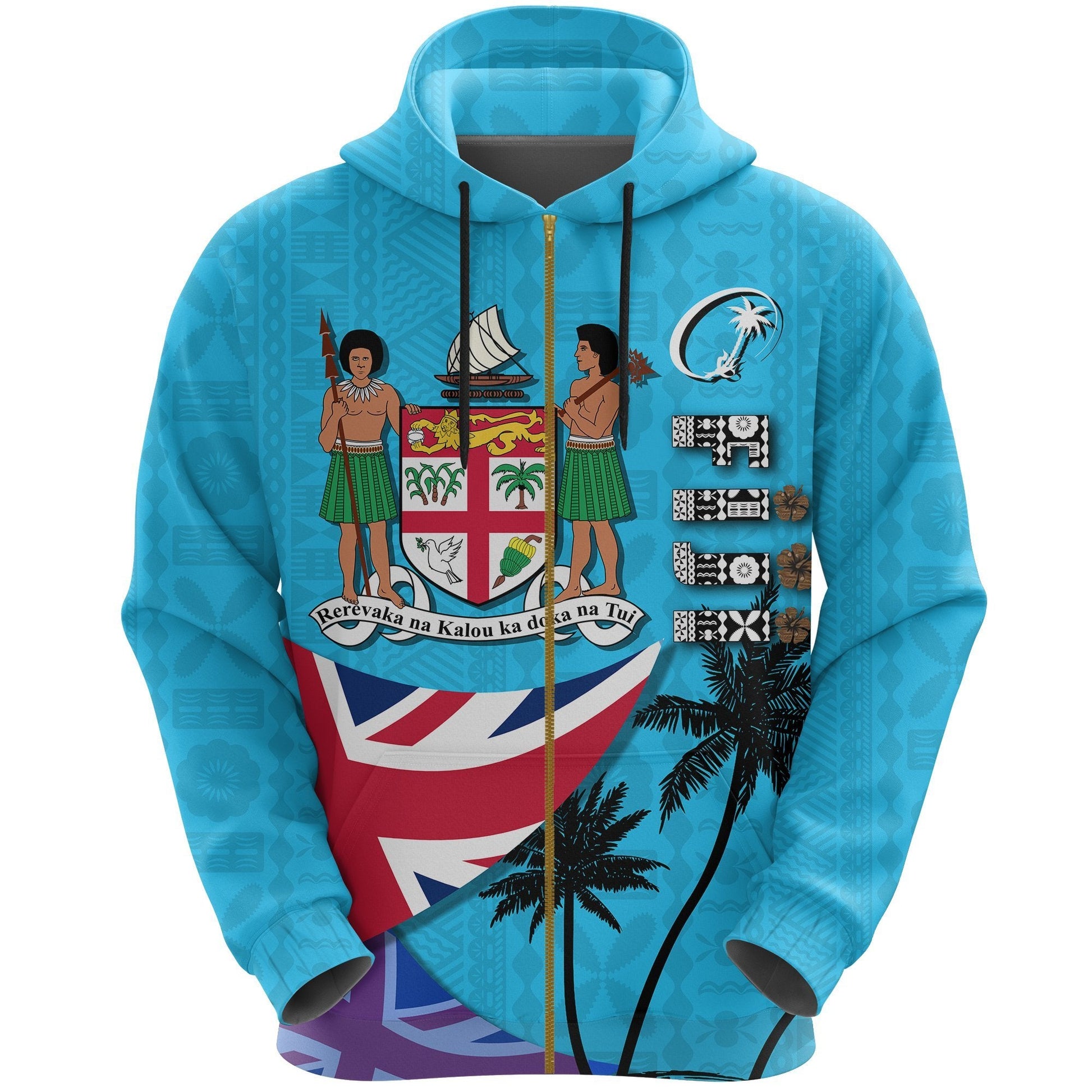 Fiji Masi Rugby Zip Up Hoodie Coat Of Arms Coconut Blue