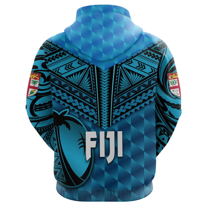 Custom Text  Fiji Rugby Zip Hoodie Coconut Sporty Vibes Blue Hoodie