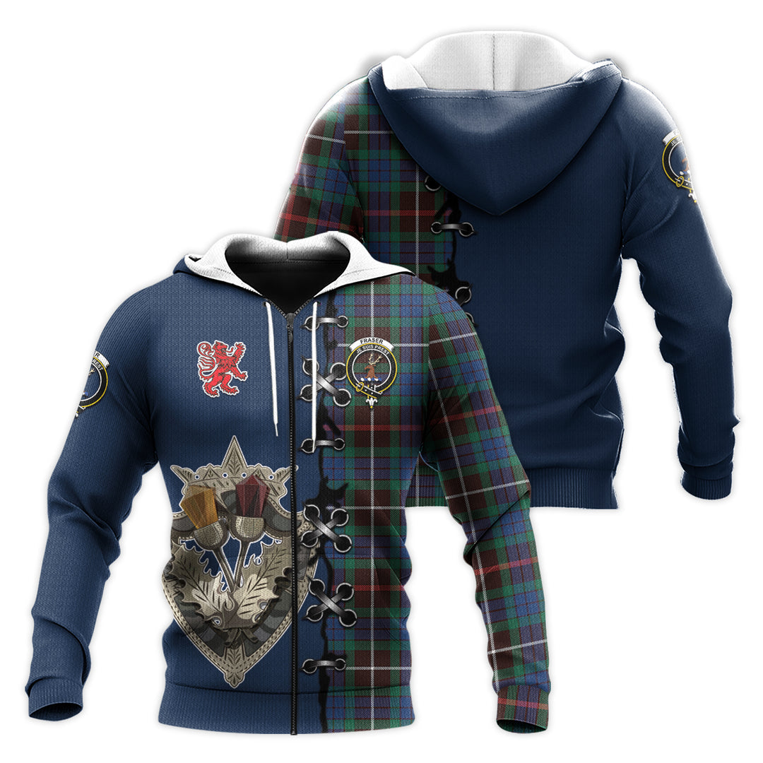 Printivon Fraser Hunting Ancient Tartan Hoodie Lion Rampant And Celtic Thistle Style