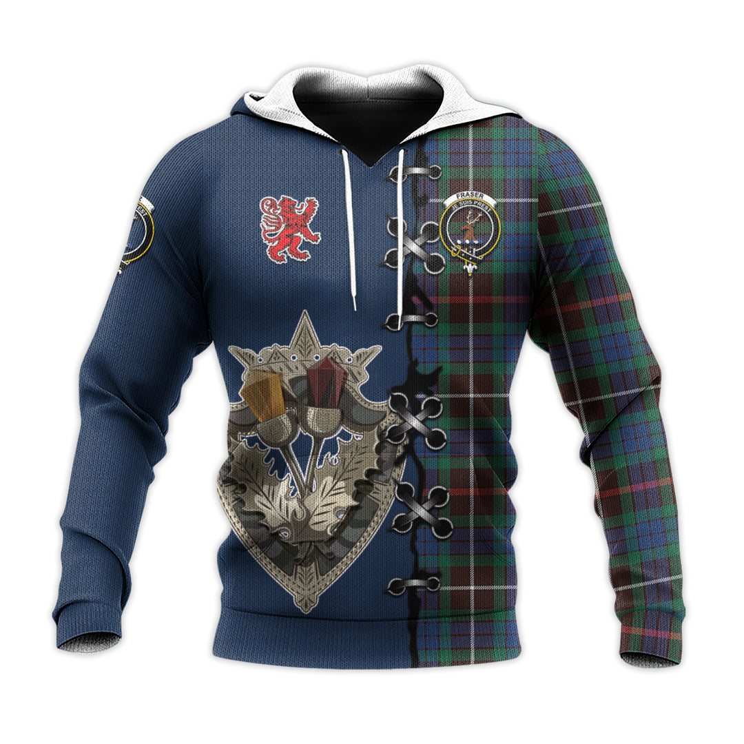 Printivon Fraser Hunting Ancient Tartan Hoodie Lion Rampant And Celtic Thistle Style