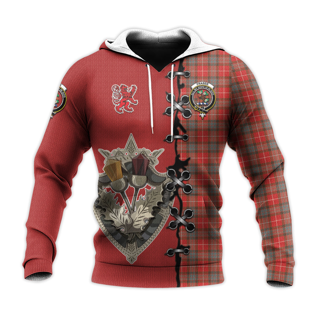 Printivon Fraser Weathered Tartan Hoodie Lion Rampant And Celtic Thistle Style