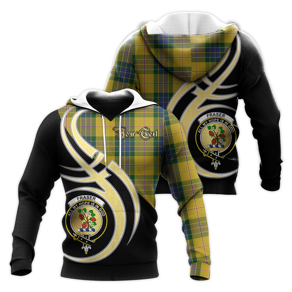 Printivon Fraser Yellow Clan Believe In Me Crest Tartan Knitted Hoodie Custom Your Text