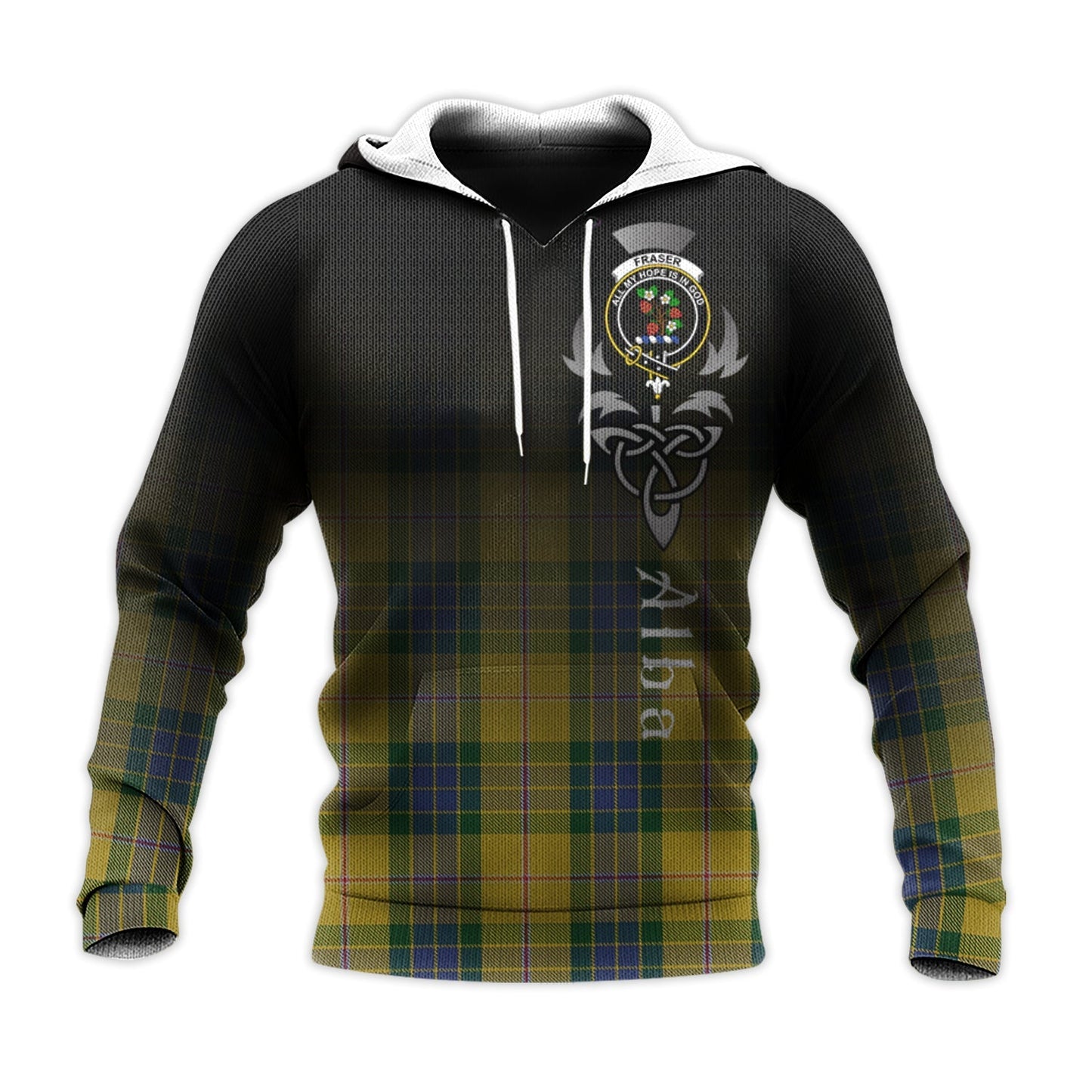 Printivon Fraser Yellow Tartan Crest Alba Celtic Hoodie