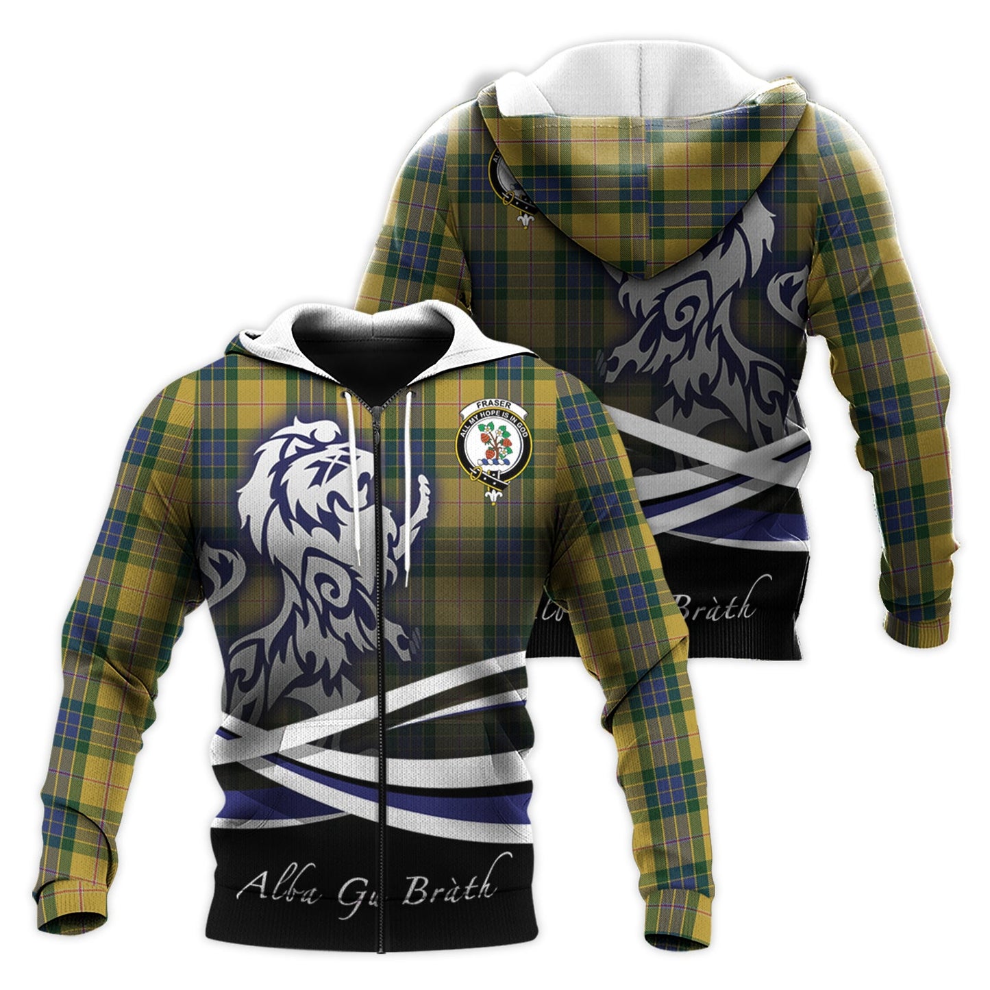 Printivon Fraser Yellow Tartan Scottish Lion Hoodie