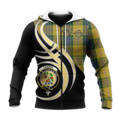 Printivon Fraser Yellow Clan Believe In Me Crest Tartan Knitted Hoodie Custom Your Text
