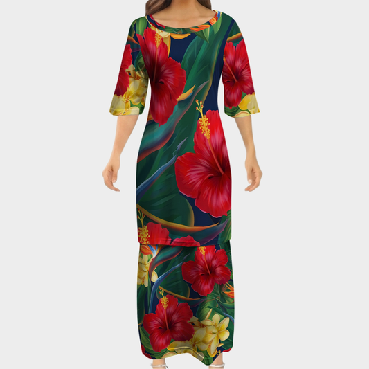 Hibiscus Tropical Matching Outfit For Couple Polynesian Women's Puletasi Dress Men's Shirt Polynesian Matching Outfit