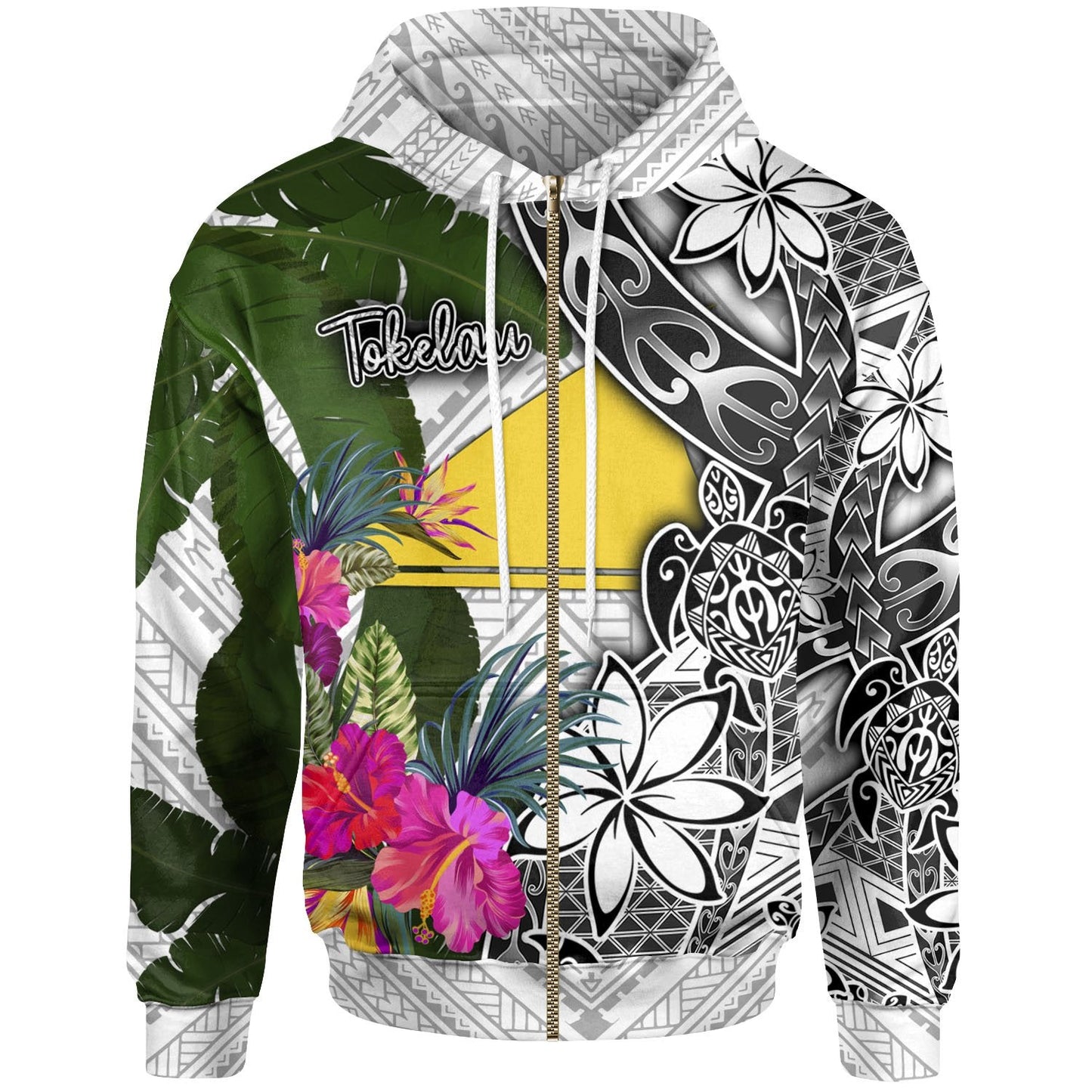 Tokelau Zip Up Hoodie White Turtle Plumeria Banana Leaf