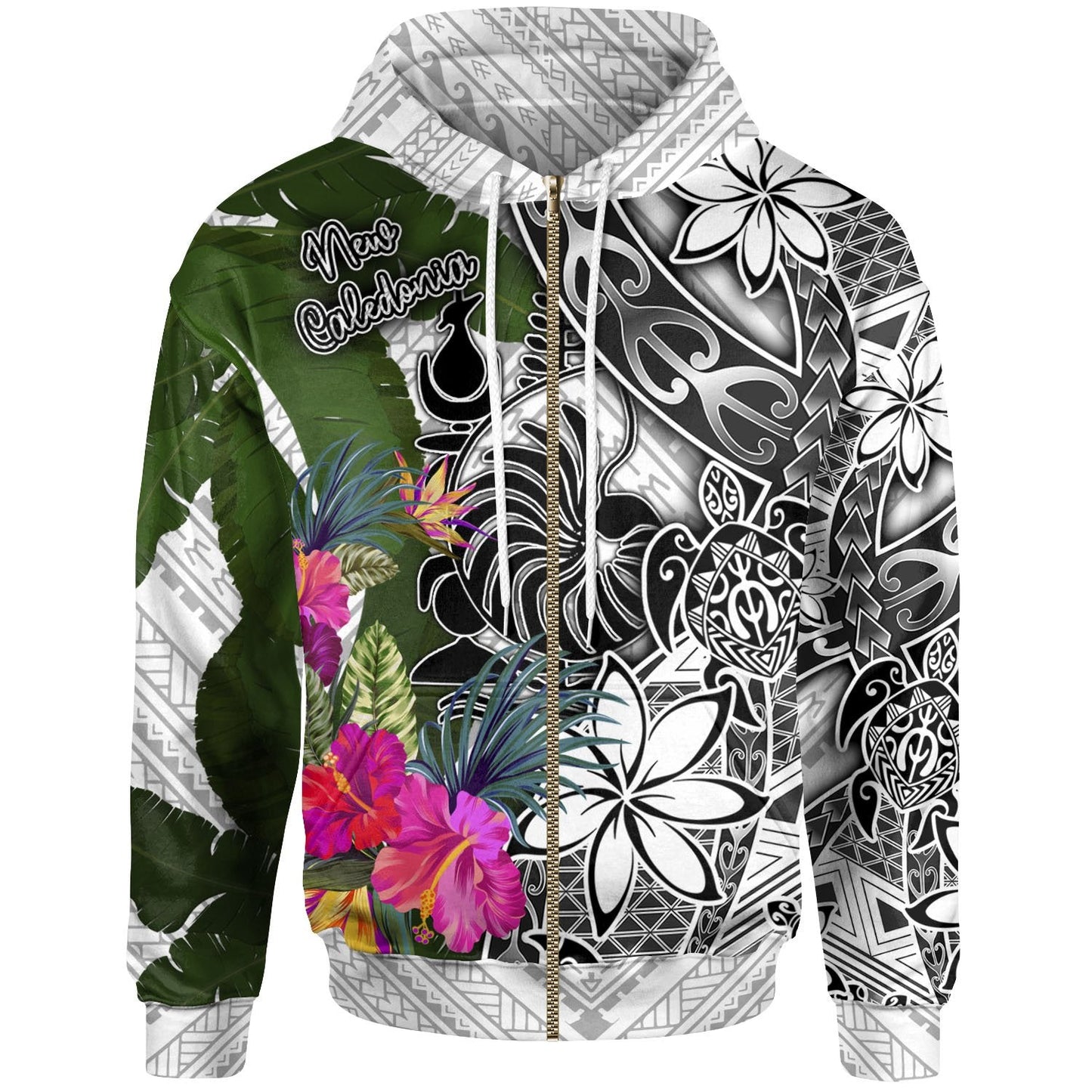 New Caledonia Zip Up Hoodie White Turtle Plumeria Banana Leaf