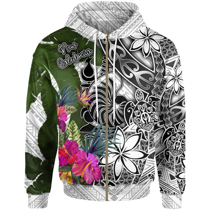 New Caledonia Zip Up Hoodie White Turtle Plumeria Banana Leaf