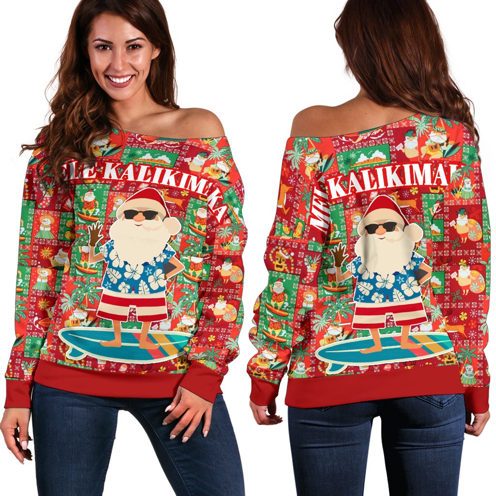 Polynesian Hawaii Ugly Christmas Women's Off Shoulder Sweater Santa Claus