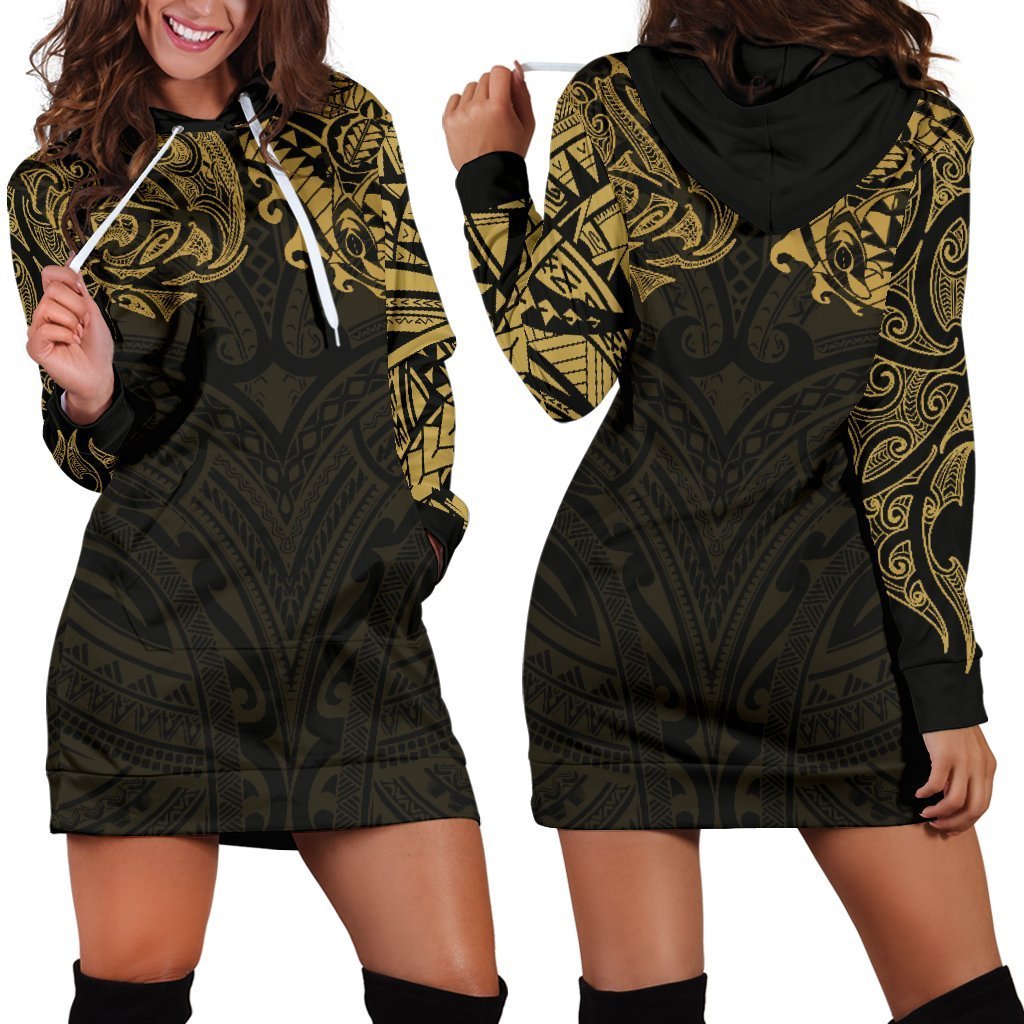 New Zealand Women'S Hoodie Dress, Maori Polynesian Tattoo Gold
