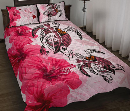 Hawaii Quilt Bed Set Polynesia Turtle Hibiscus Pink