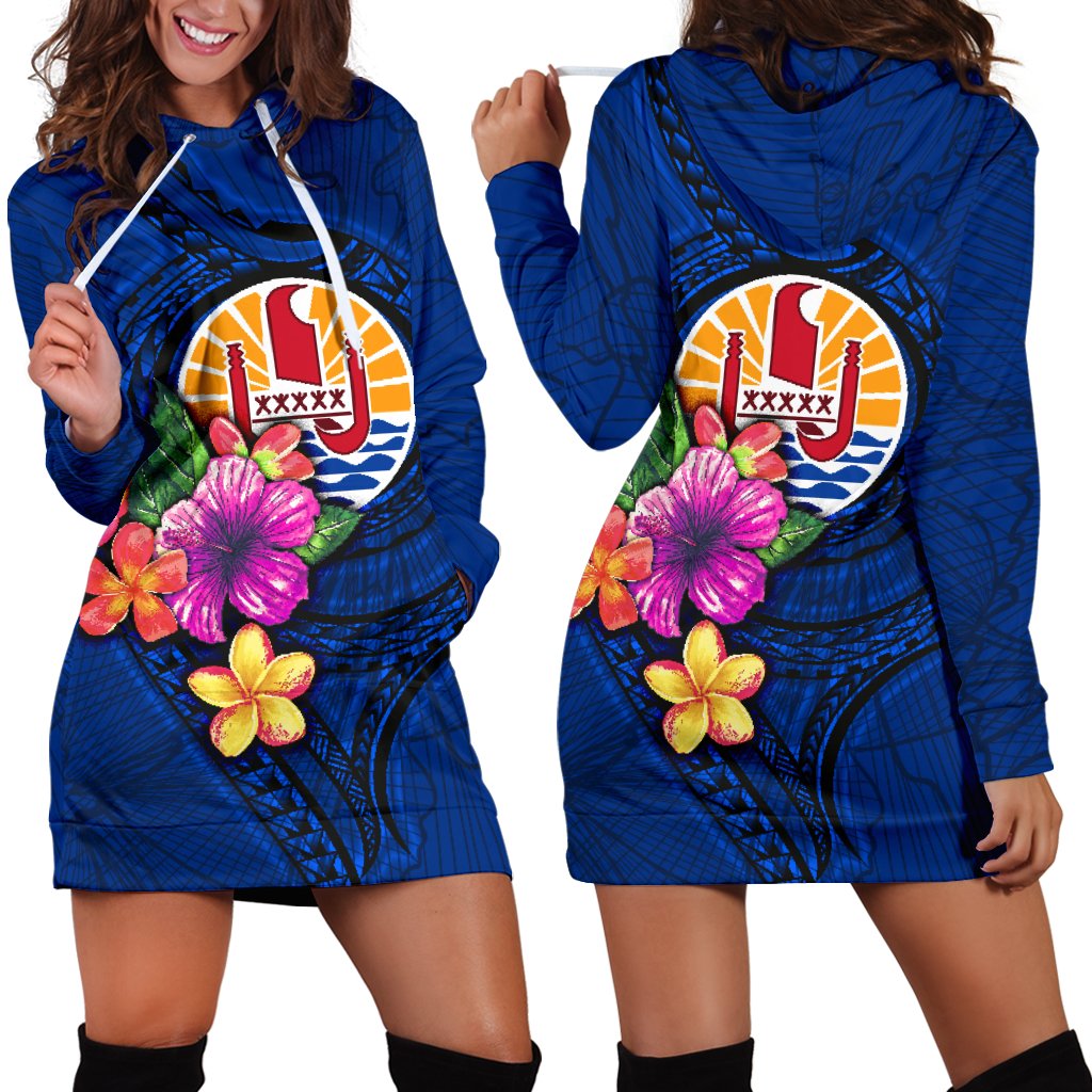 Tahiti Polynesian Women's Hoodie Dress Floral With Seal Blue