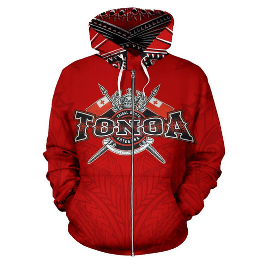 Tonga Zip Up Hoodie Tonga Flag COat Of Arms Tribal Roots Red K4