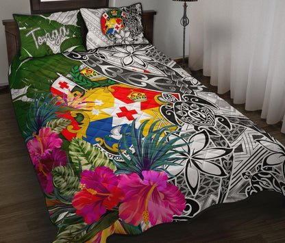 Tonga Quilt Bed Set White Turtle Plumeria Banana Leaf