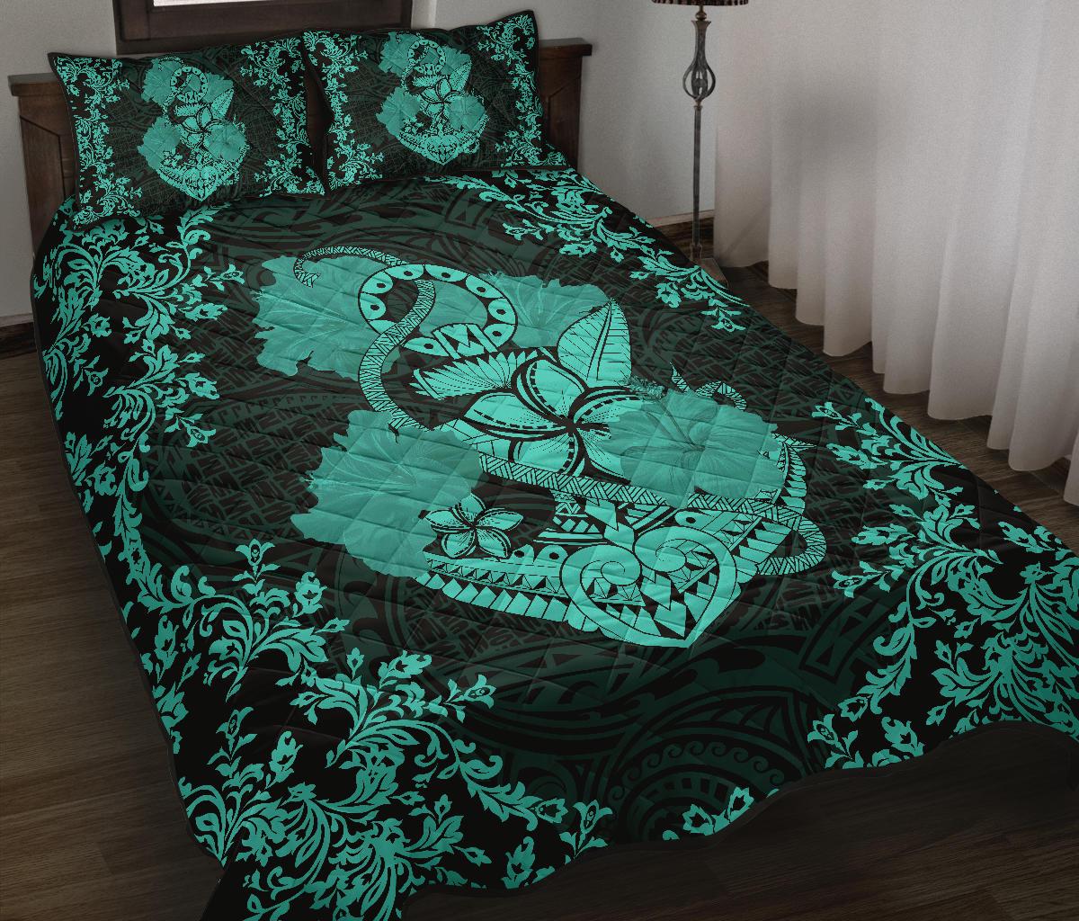 Hawaii Anchor Hibiscus Flower Vintage Quilt Bed Set AH Turquoise