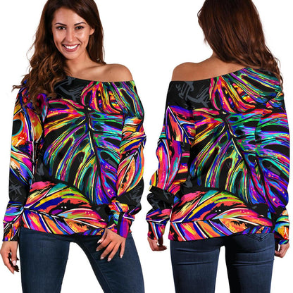 Palm Leaves Women's Off Shoulder Sweater Neon Color