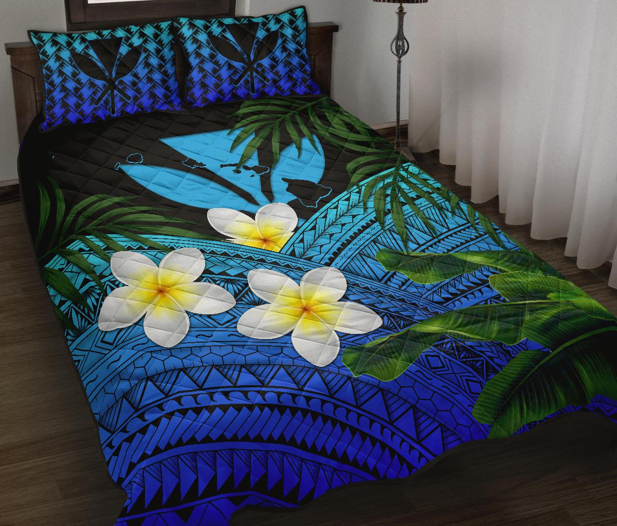 Kanaka Maoli (Hawaiian) Quilt Bed Set, Polynesian Plumeria Banana Leaves Blue