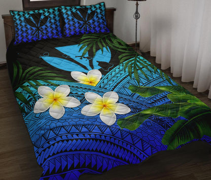 Kanaka Maoli (Hawaiian) Quilt Bed Set, Polynesian Plumeria Banana Leaves Blue