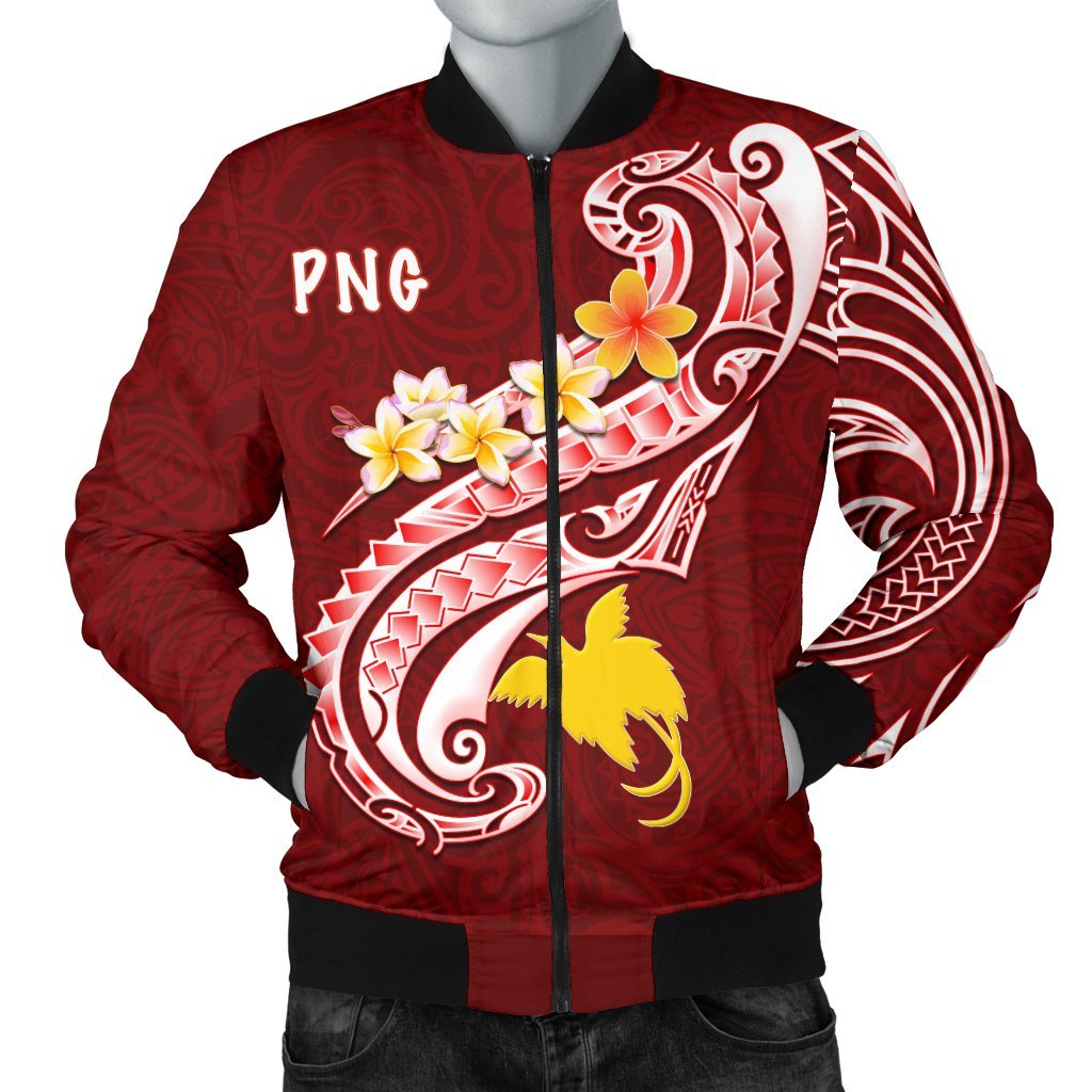 Papua New Guinea Men's Bomber Jacket PNG Seal Polynesian Patterns Plumeria