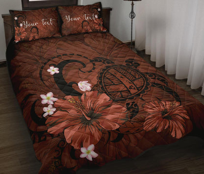 Personalized Hawaii Map Turtle Hibiscus Plumeria Polynesian Quilt Bed Set Brown