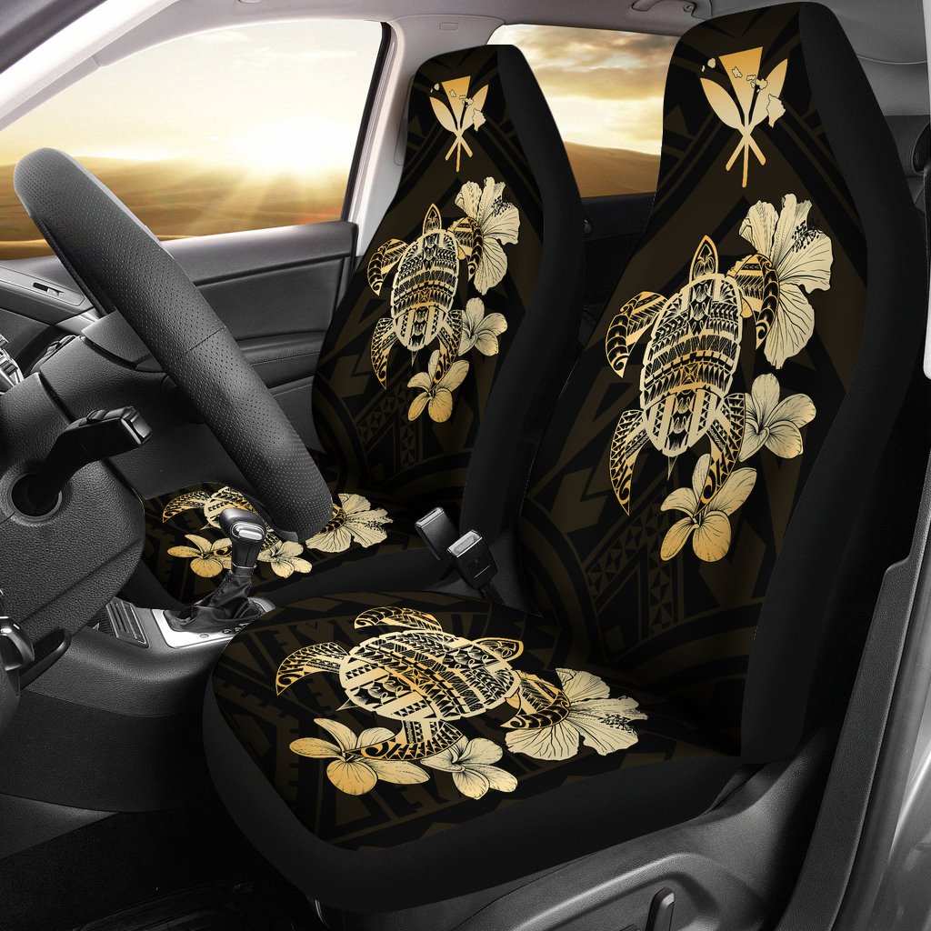 Hawaiian Kanaka Hibiscus Plumeria Mix Polynesian Turtle Car Seat Covers Gold AH