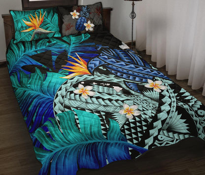 Kanaka Maoli (Hawaiian) Quilt Bed Set, Polynesian Pineapple Banana Leaves Turtle Tattoo Blue
