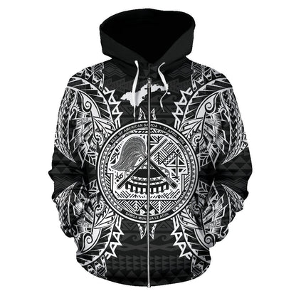 American Samoa Polynesian All Over Zip Up Hoodie Map Black