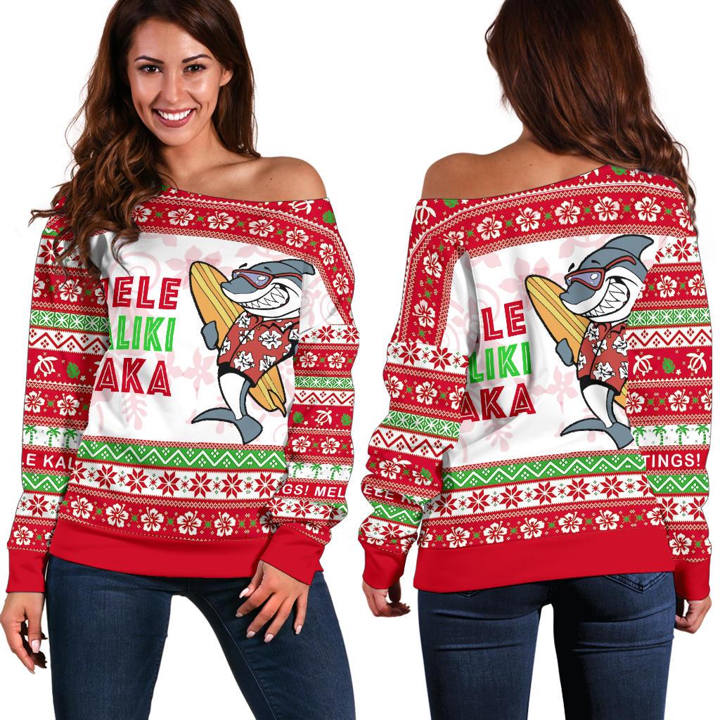 Polynesian Hawaii Ugly Christmas Women's Off Shoulder Sweater Shark Version