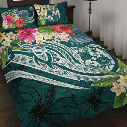 Tonga Polynesian Quilt Bed Set Summer Plumeria (Turquoise)