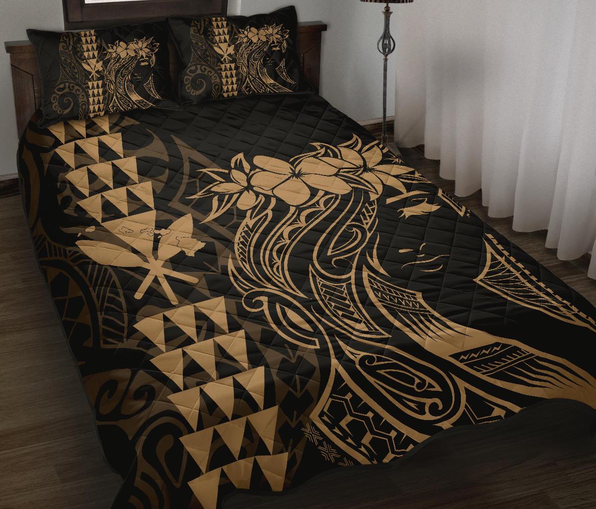 Hawaii Map Kanaka Polynesian Hula Girl Quilt Bed Set Gold