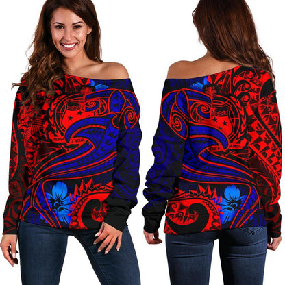 Samoa Women's Off Shoulder Sweater Blue Shark Polynesian Tattoo