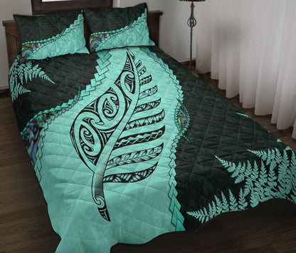 Paua Shell Maori Silver Fern Quilt Bed Set, Turquoise