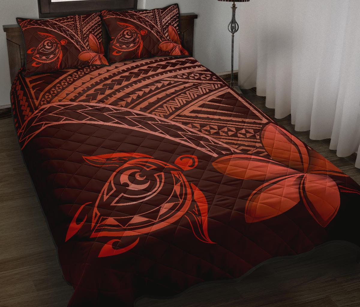 Hawaiian Turtle Plumeria Kakau Polynesian Quilt Bedding Set Red