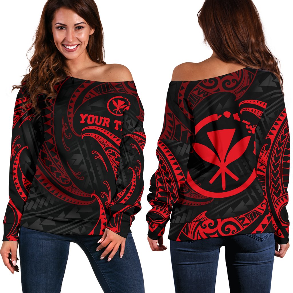 Hawaii Polynesian Custom Personalised Women's Off Shoulder Sweater Red Tribal Wave