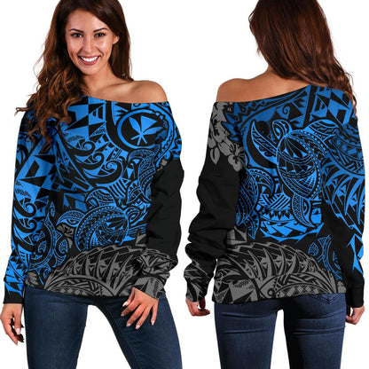 Polynesian Hawaii (Kanaka Maoli) Off Shoulder Sweater Blue Turtle Hibiscus Flowing