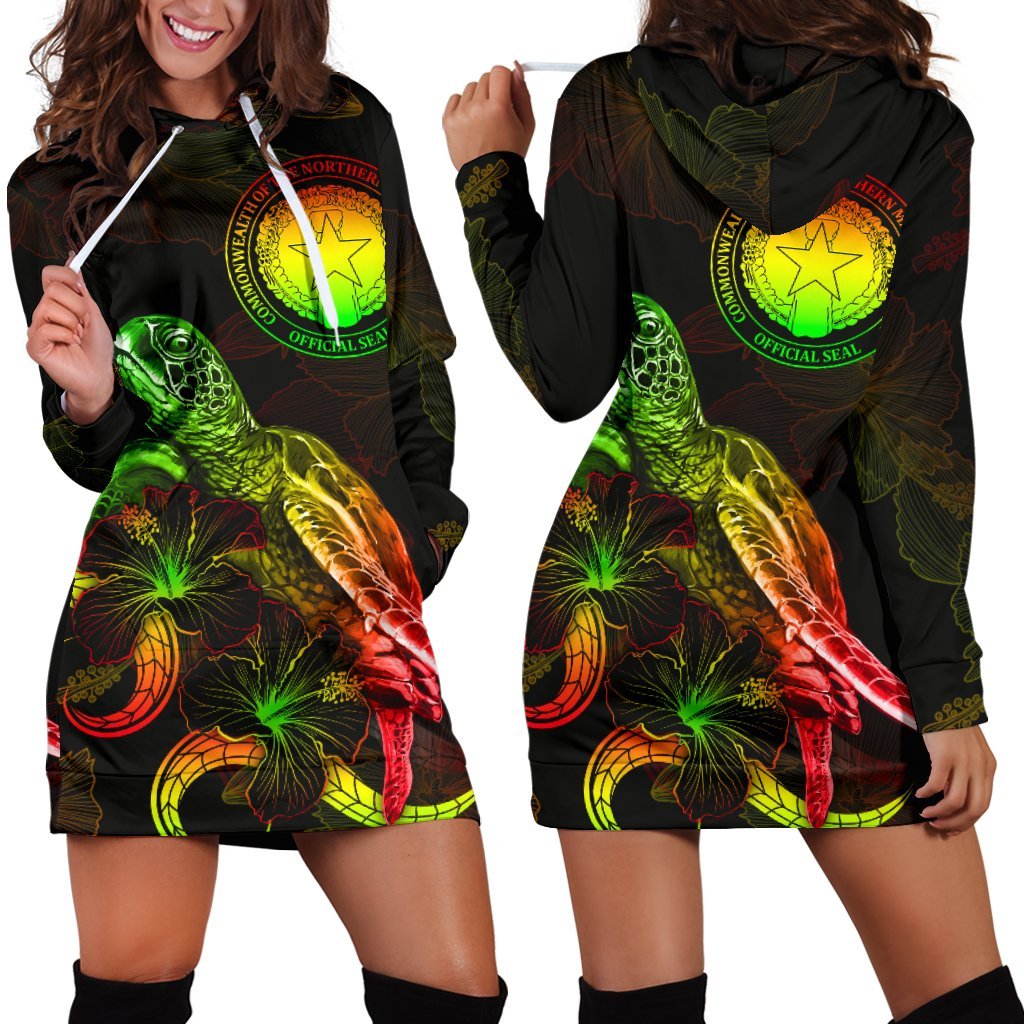 CNMI Polynesian Hoodie Dress Turtle With Blooming Hibiscus Reggae