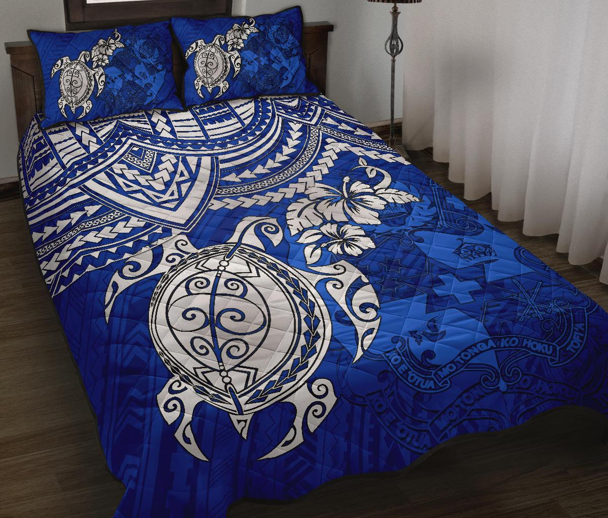 Tonga Polynesian Quilt Bed Set Tonga Coat Of Arms & Blue Turtle Hibiscus