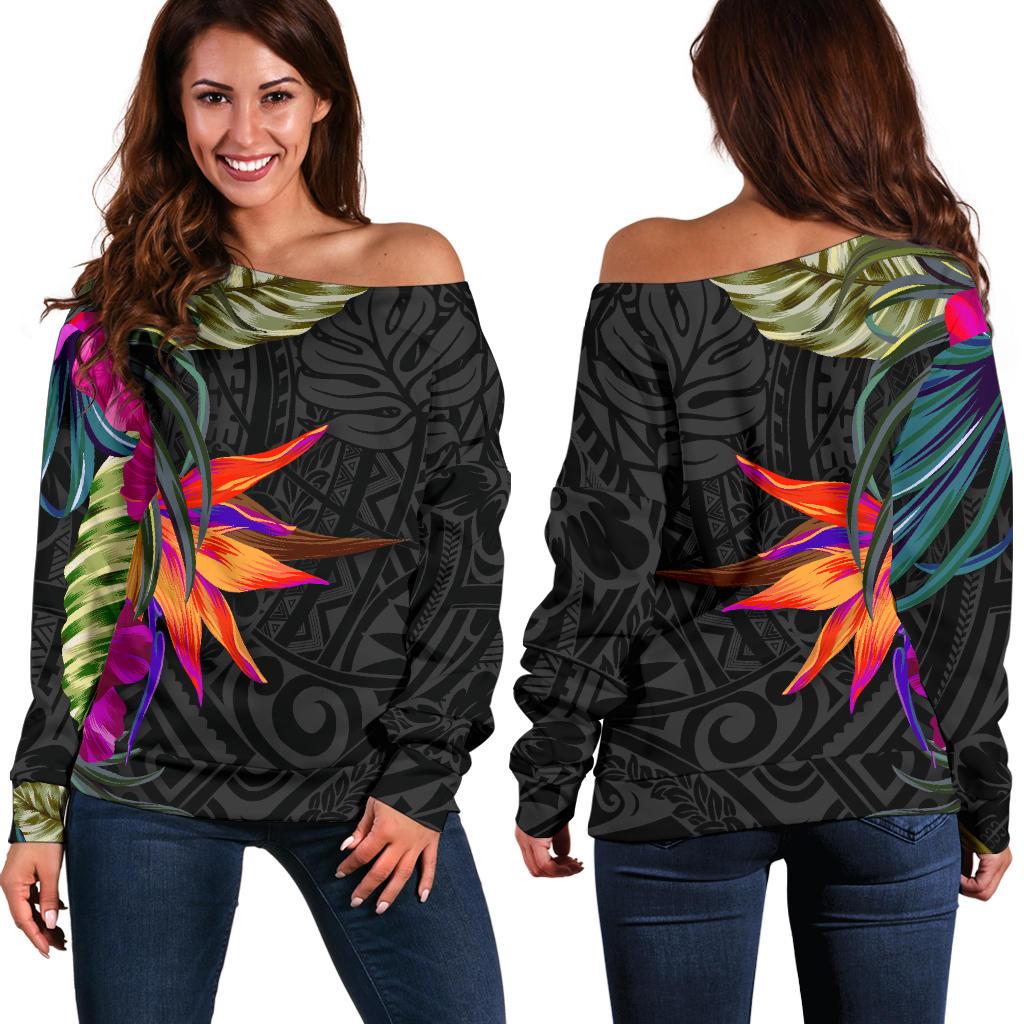 Polynesian Women's Off Shoulder Sweater Hibiscus Pattern