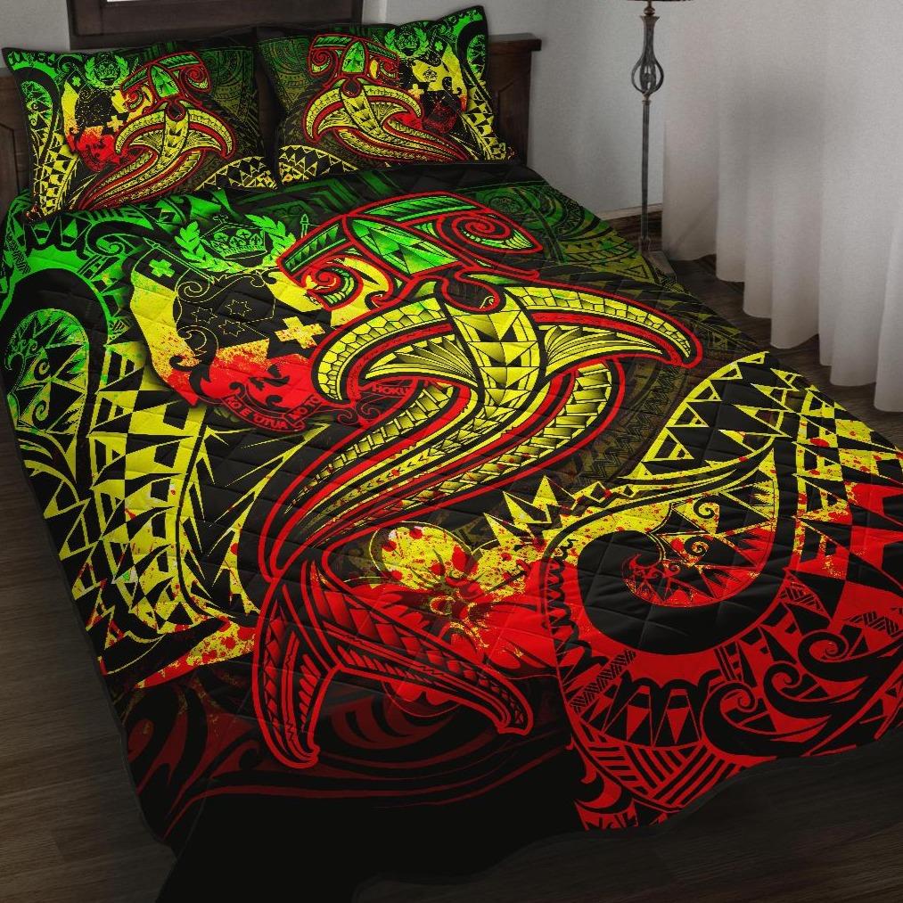 Tonga Quilt Bed Set Reggae Shark Polynesian Tattoo