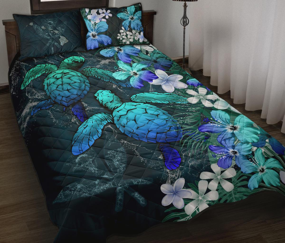 Kanaka Maoli (Hawaiian) Quilt Bed Set Sea Turtle Tropical Hibiscus And Plumeria Blue